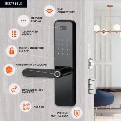 Lemaar Smart Lock with Feature Icons Lemaar Black Rectangle Fingerprint Entry Smart Lock mounted on a door with feature icons around it.