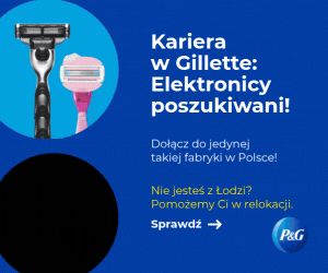 Grafika z ogłoszeniem o pracy w Gillette, pokazuje dwie maszynki do golenia i hasło „Elektronicy poszukiwani!”