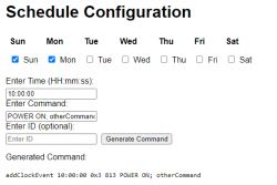 Schedule configuration form with selected days, time field, and command field.