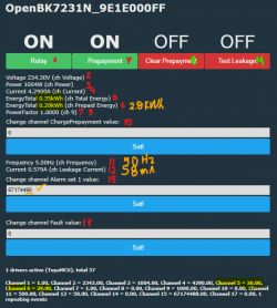Screenshot of OpenBK7231N user interface showing various channels and their values.