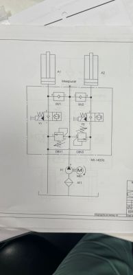 Zdjęcie kartki z wydrukowanym schematem hydraulicznym z siłownikami A1 i A2 oraz zaworami RV i DBV.