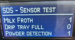 Coffee Machine Sensor Test Screen Sensor test screen from a coffee machine showing test results.