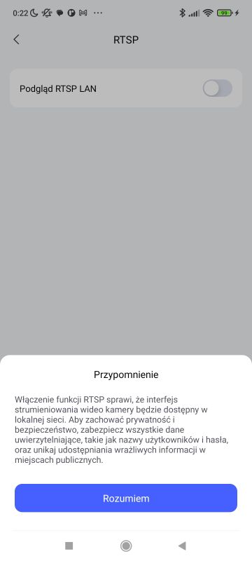 Ekran ustawień RTSP z wyłączonym przełącznikiem podglądu RTSP LAN