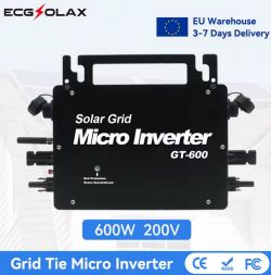 ECGSOLAX GT-600 Solar Micro Inverter Black solar micro inverter ECGSOLAX GT-600 with several connectors, labeled 600W and 200V, and an EU logo at the top with delivery information.