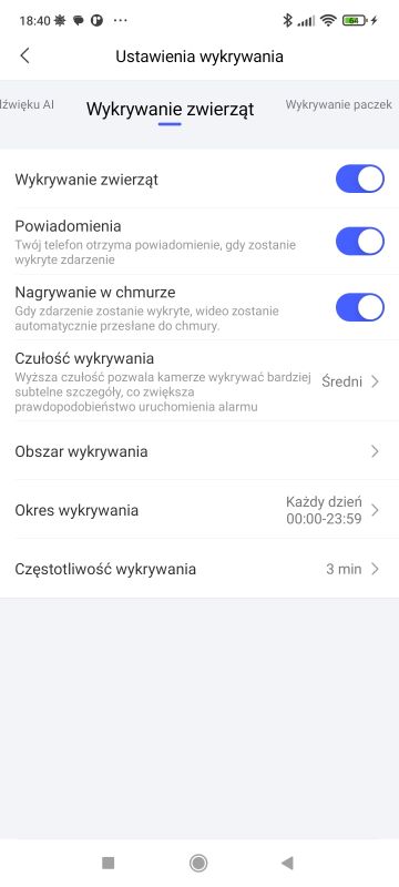 Ekran ustawień wykrywania zwierząt z włączonymi powiadomieniami i nagrywaniem w chmurze