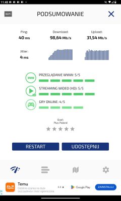 Zrzut ekranu z aplikacji testującej prędkość internetu Plus, pokazujący wyniki: ping 40 ms, download 98,64 Mb/s, upload 31,54 Mb/s i wysokie oceny dla przeglądania, streamingu i gier online.