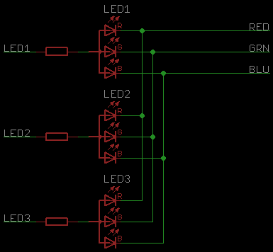 RGB LED Connection Schematic RGB LED connection schematic with resistors and paths.
