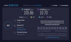 Wyniki testu prędkości Internetu z wartościami pobierania 105,86 Mb/s i wysyłania 10,70 Mb/s.