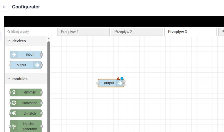 Configurator with output node in Flow 3 Configurator interface for flow design with a visible output node on the grid.