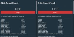 Screen displaying energy data for two plugs OBK-SmartPlug1 and OBK-SmartPlug2, both turned off.