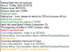 Device Flashing Process Log with Error Messages Screenshot showing logs of the device flashing process with error and success messages.