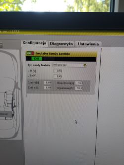 Ekran programu z ustawieniami „Emulator Sondy Lambda” i parametrami napięć oraz czasów dla CH1