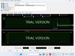 Zrzut ekranu AIDA64 System Stability Test z wykresami taktowań CPU i użycia oraz komunikatem o przegrzewaniu.
