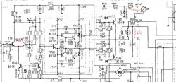 Schemat elektroniczny z zaznaczonymi wartościami napięć na tranzystorach i zastąpionymi tranzystorami mocy.