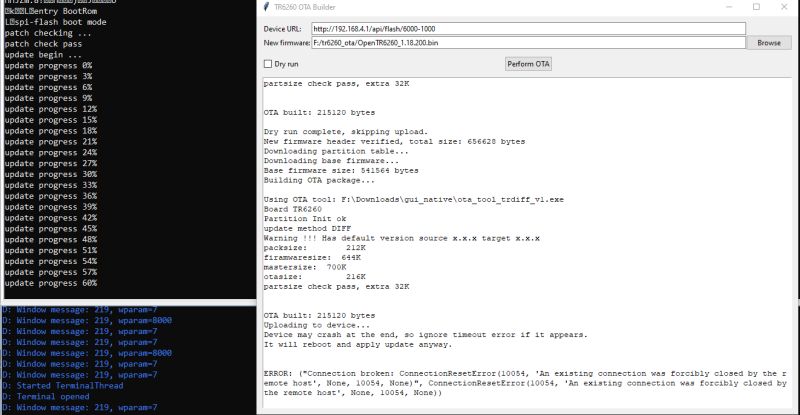 Screenshot: console showing update progress and “TR6260 OTA Builder” window with logs
