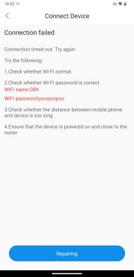 App screen showing device connection failure with Connection failed and troubleshooting steps.