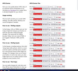 GPIO Doctor tool interface with pin list and configuration buttons.