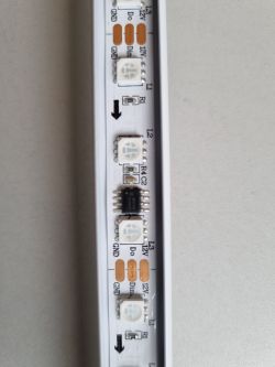 Close-up of an LED strip with three LEDs per chip.