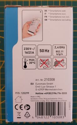 Specifications and Contact Information for Smart Plug Packaging of a smart network plug with technical and contact information.