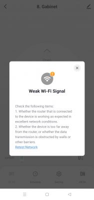 Weak Wi-Fi signal notification on an app screen.