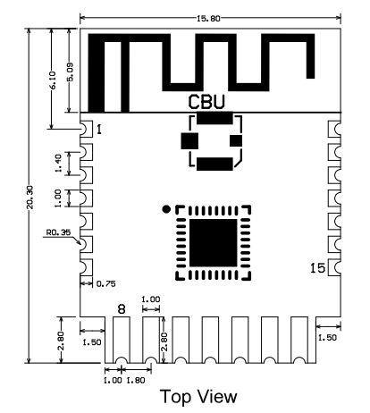 Diagram of the BK7231N CBU module with labeled pins.