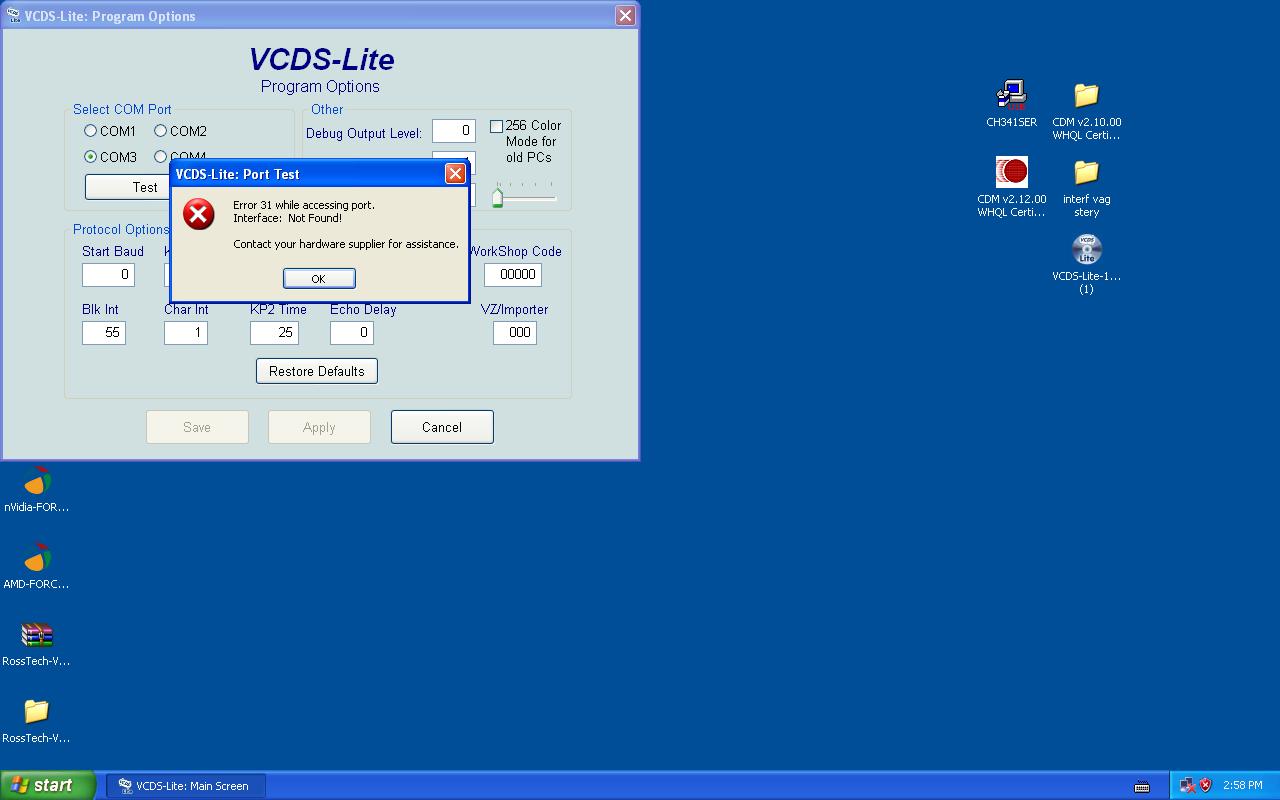 vcds lite port status ok interface not found