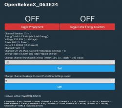 User interface of the OpenBekenX application showing switches and energy values.