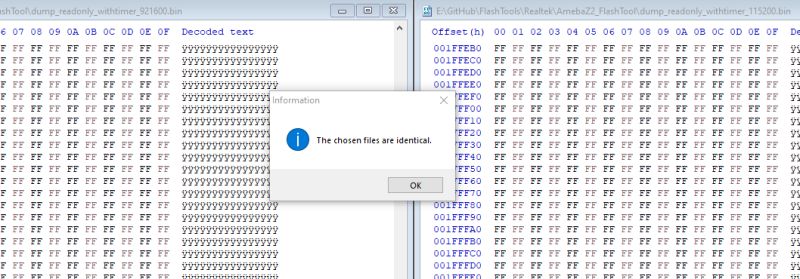 Comparison of two binary files with message confirming they are identical.