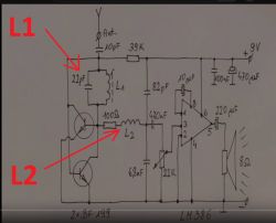 Schemat układu radiowego z zaznaczonymi cewkami L1 i L2 oraz kondensatorami i wzmacniaczem LM386