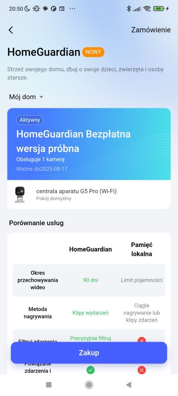 Ekran aplikacji z informacjami o usłudze HomeGuardian i porównaniem funkcji