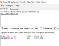 TuyaMCU Explorer application interface displaying raw packet data in hex format.