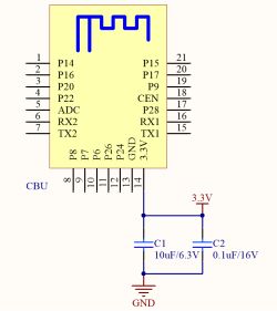 Schematic fragment: CBU module pinout with C1 and C2 capacitors connected between 3.3V and GND.