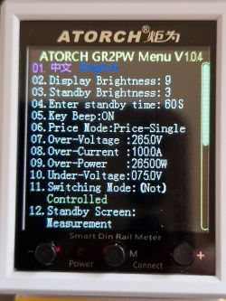 Close-up of the Atorch GR2PW energy monitor display showing the settings menu.