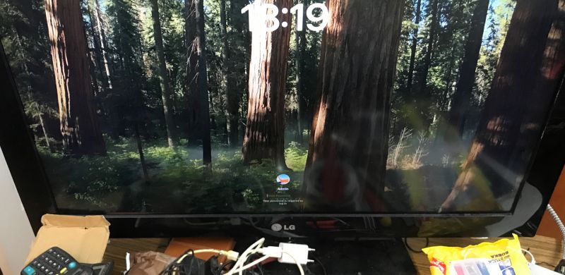 Telewizor LG z ekranem wyświetlającym las i zegarem 13:19 na ekranie logowania.