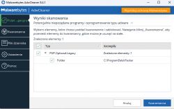 Zrzut ekranu z wynikami skanowania AdwCleaner pokazujący jedno znalezione zagrożenie PUP.Optional.Legacy w folderze C:\ProgramData\Packer.