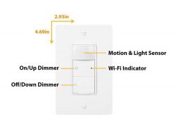Wall Dimmer with Sensor and Wi-Fi Indicator Compact wall dimmer with motion and light sensor, Wi-Fi indicator, and brightness adjustment buttons.