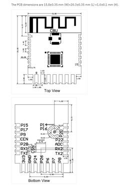 Technical PCB module drawing with antenna and dimensions, top and bottom views
