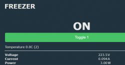 OpenBeken home page displays freezer status with incorrect temperature reading of 0 degrees Celsius.