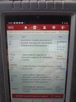 Ekran diagnostyczny z kodami błędów Ford Transit.