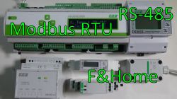 Sterowniki i moduły F&amp;F z opisem „Modbus RTU” i „RS-485” na zdjęciu produktowym