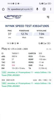 Wynik testu prędkości internetu na urządzeniu mobilnym, pokazujący ping 37 ms, pobieranie 12.74 Mb/s i wysyłanie 7.04 Mb/s.