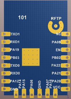 Electronic Module with Pins Electronic module with visible pins and labels on a navy blue background.