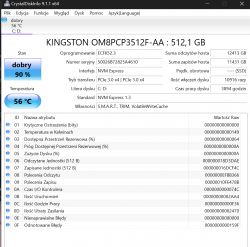 Zrzut ekranu z programu CrystalDiskInfo pokazujący stan dysku SSD marki Kingston o pojemności 512,1 GB.