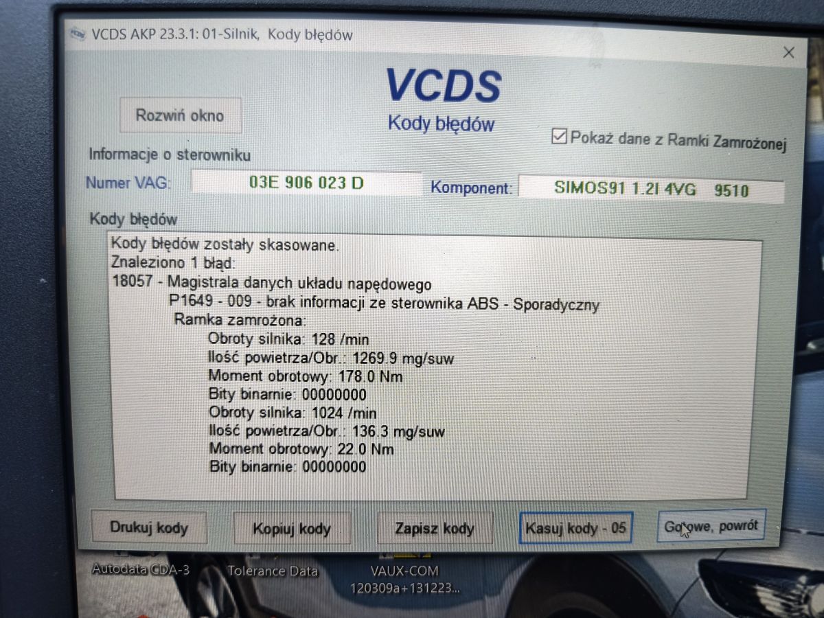[Rozwiązano] Seat Ibiza 2008 1.2 benzyna- Błąd P1649, brak informacji ...