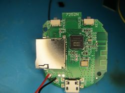 Electronic module with microSD slot and micro USB port Printed circuit board with microSD slot, micro USB port, integrated circuit, and buttons.