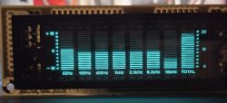 Turquoise-glowing VFD display with spectrum analyzer bars and frequency band labels