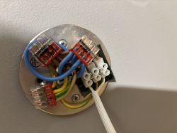 Zbliżenie na połączenia elektryczne i szybkozłączki wewnątrz lampy z żarówką LED.