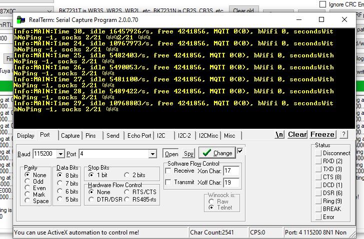 Screenshot of RealTerm showing UART logs and serial port settings for RTL8710CM