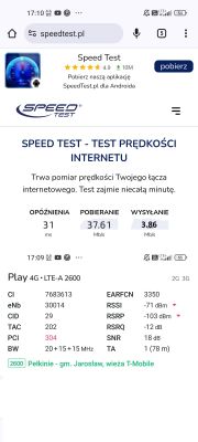Ekran aplikacji Speed Test z wynikami prędkości dla sieci LTE-A 2600.