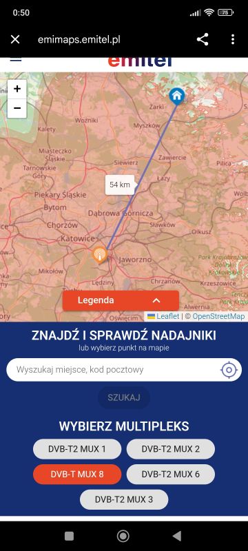 Mapa zasięgu DVB-T z zaznaczoną trasą sygnału z nadajnika Katowice-Kosztowy do Niegowy